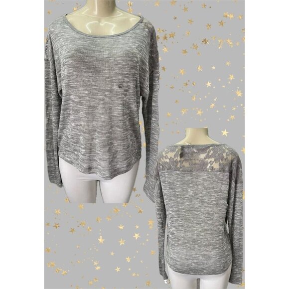 Aeropostale XL Gray Heather Crew Neckline Sheer Lace Back Long Sleeve Sweater - Picture 1 of 6